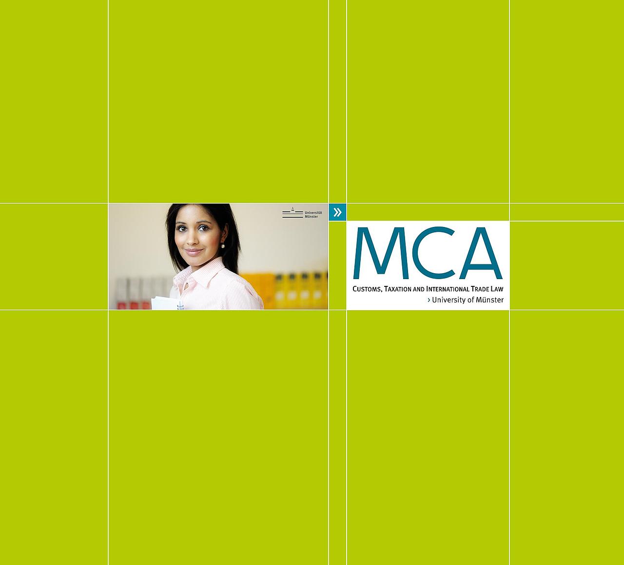 Junge Frau und MCA-Logo vor grünem Hintergrund